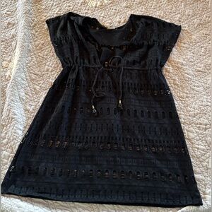 Wave Zone Black Swim Cover-up Crochet Mini Dress Cap Sleeve Tie High Waist Sz M